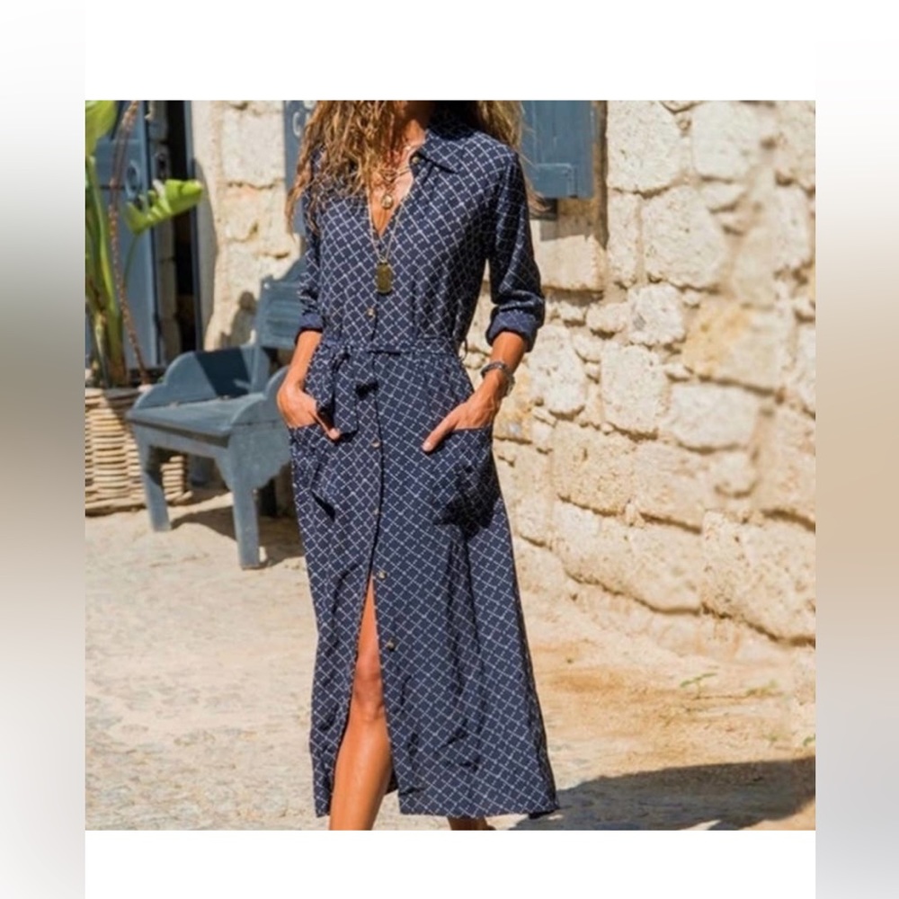 NWT Aachoae Blue & Whitr Print Long Sleeve Button Down Maxi Dress W/Belt SZ:LG